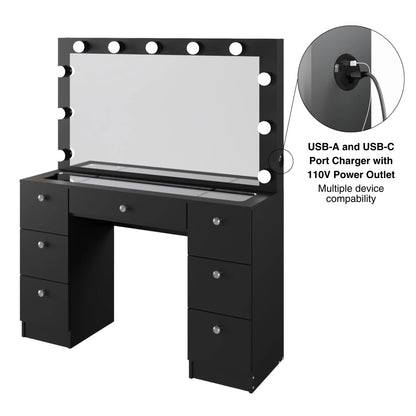 Ember Interiors Ibbie White Makeup Vanity with Glass Top, Lights, Charging Station