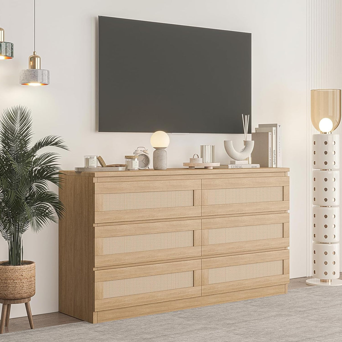 Jojoka 6-Drawers Rattan Dresser for Bedroom Chest of Drawers, TV Stand for 55" TV, Wood Top Storage Organizer Cabinet for Living Room, Entryway, Hallway, Natural