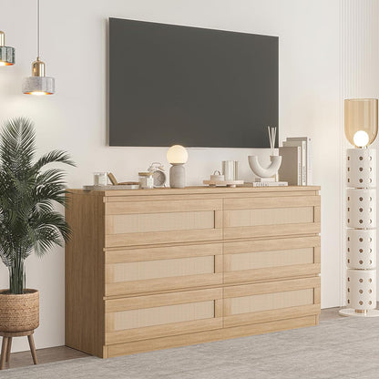 Jojoka 6-Drawers Rattan Dresser for Bedroom Chest of Drawers, TV Stand for 55" TV, Wood Top Storage Organizer Cabinet for Living Room, Entryway, Hallway, Natural