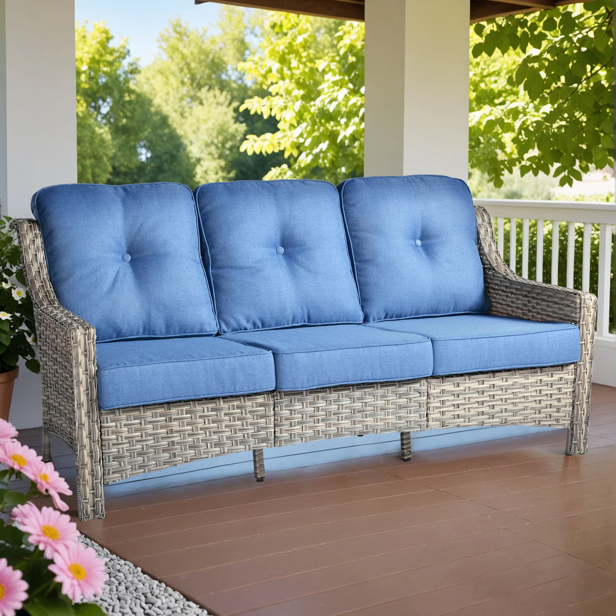 Ovios Outdoor Patio Sofa 3-Seater with Cushions All-Weather Wicker Rattan Couch for Garden, Porch, or Backyard