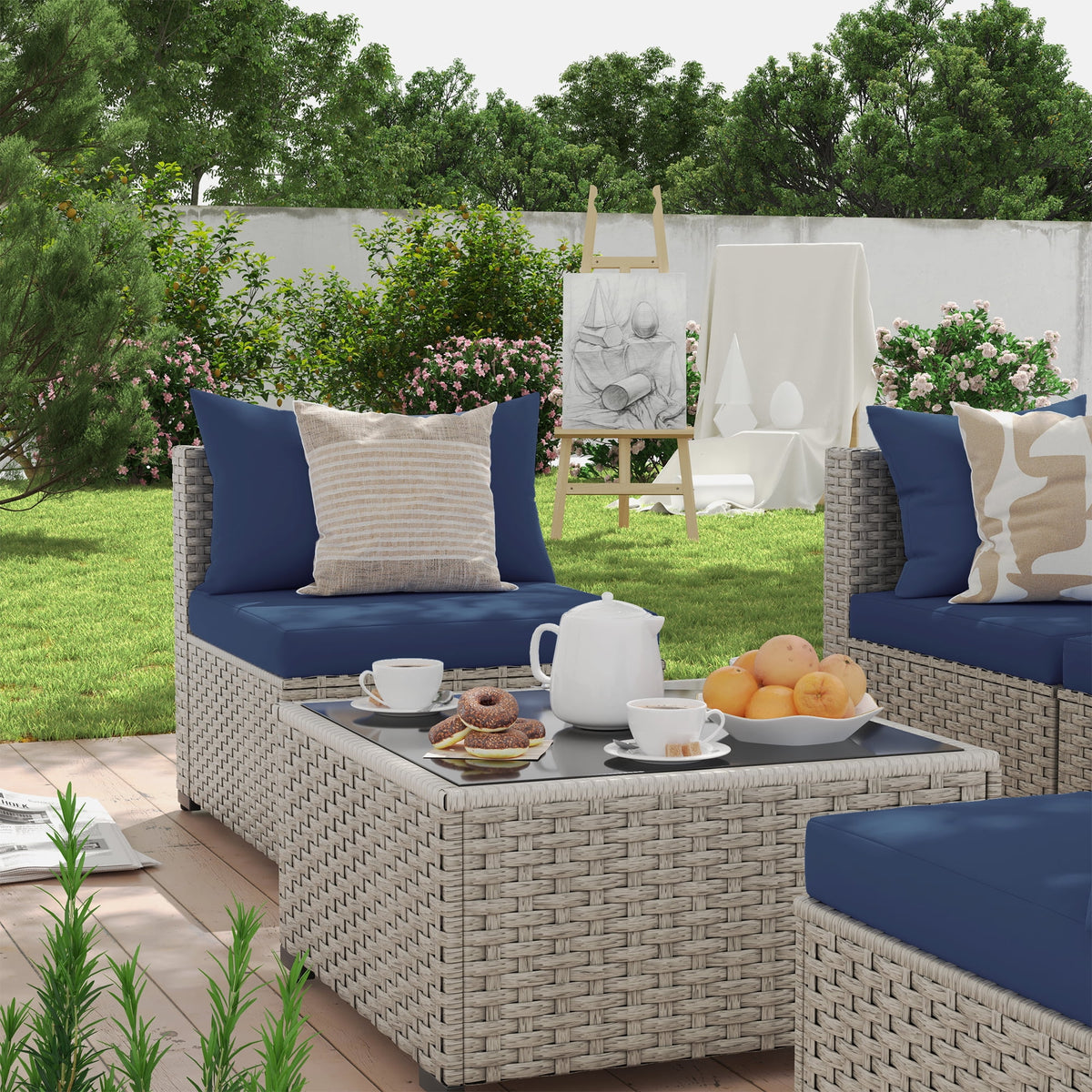 7 Pieces Patio Conversation Set, Outdoor Sectional PE Rattan Wicker Furniture Seat,Dark Gray