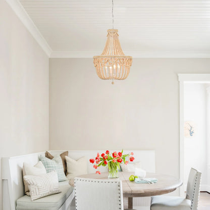 Boho Wood Bead Chandelier 4-Light Rustic Farmhouse Pendant Light for Dining Room or Kitchen Island