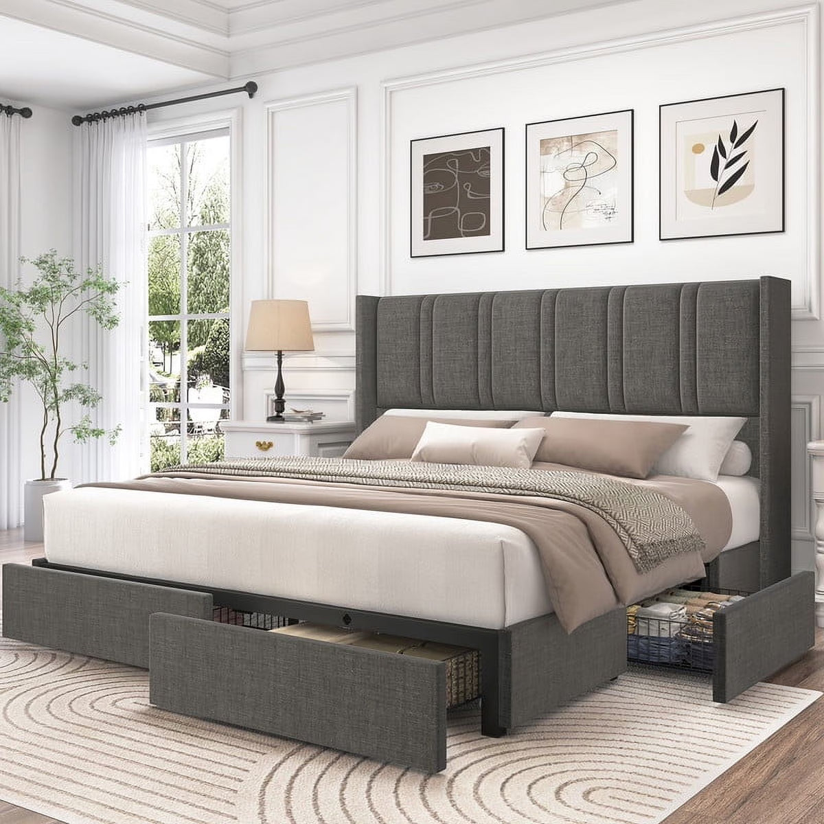 LARMACE King Size Upholstered Bed Frame with 4 Storage Drawers and Vertical Channel Tufted Headboard Linen Platform Bed Frame Wingback Beds with Wooden Slats Support, Beige