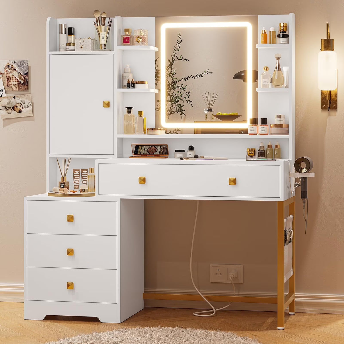 Makeup Vanity Desk with Lighted Mirror & Charging Stations & 6 Drawers Large Vanity Table Bedroom Dressing Table with Glass Tabletop&Side Cabinet&Glass Tabletop, Black