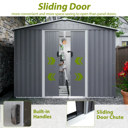 LZBEITEM 10 x 10 ft Outdoor Storage Shed with Floor Frame Kit, Galvanized Steel Garden Sheds, Garden Tool Shed with Double Lockable Doors for Backyard Patio Lawn, Grey