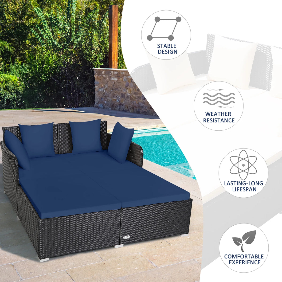 Costway Outdoor Patio Rattan Daybed Pillows Cushioned Sofa Furniture Beige
