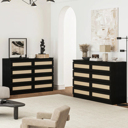 Jojoka 6-Drawers Rattan Dresser for Bedroom Chest of Drawers, TV Stand for 55" TV, Wood Top Storage Organizer Cabinet for Living Room, Entryway, Hallway, Natural