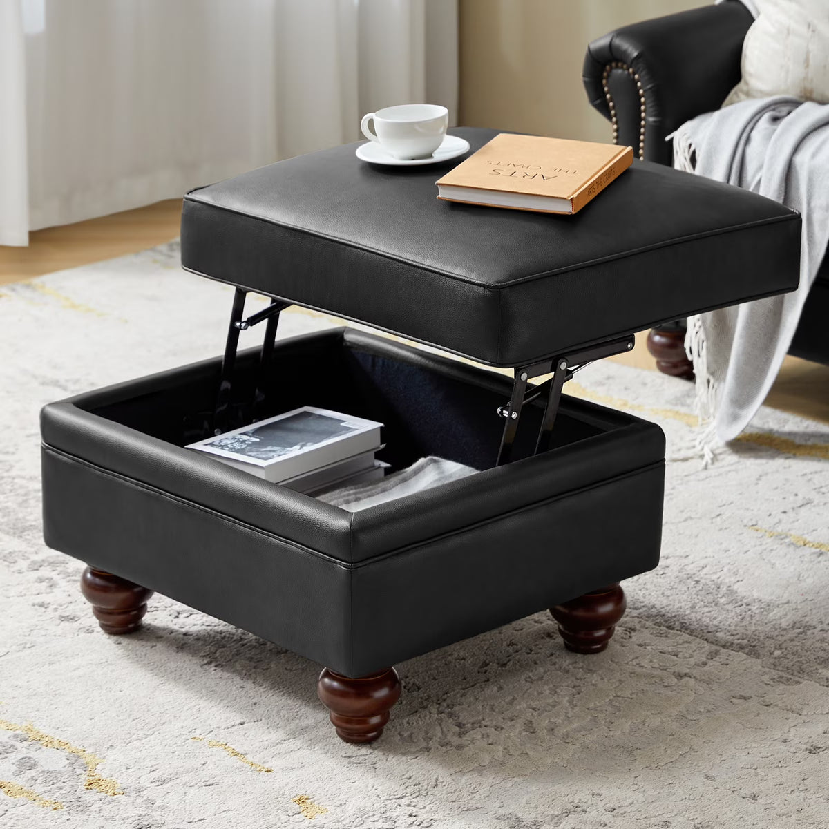 36'' Wide Blue Round Large Ottoman Tufted Coffee Table with Storage Wood Legs Home Living Room