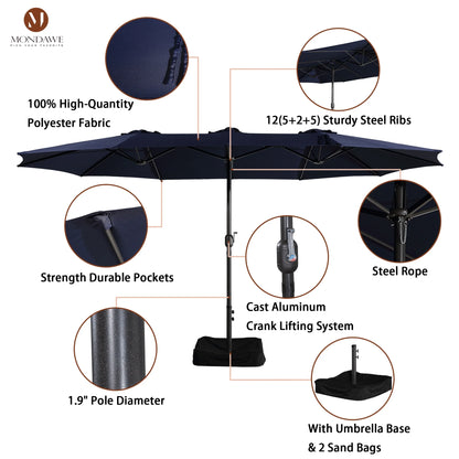 Mondawe 15ft Patio Umbrella Rectangular Outdoor Market Umbrella with Base and LED Lights Beige