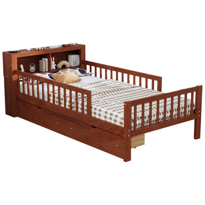 Euroco Wood Twin Size Platform Bed with Storage Headboard and Drawers, Low Profile Bed with Guardrails for Kids and Toddlers, White