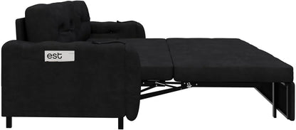 Tabaray 63.8" Futon Sofa Bed Queen Size, Pull Out Bed, 3-in-1 Convertible Sleeper Sofa with Side Pocket, Modern Plush Velvet Futon Couch for Living Room, Small Space, Apartment, Bedroom, Black