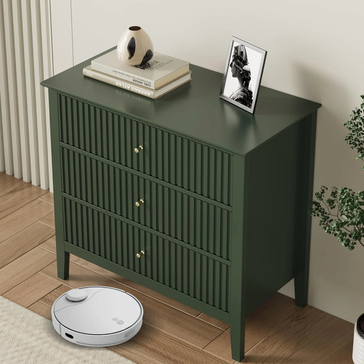 Heynemo Beige 6 Drawer Dresser, Fluted Modern Wood Chest