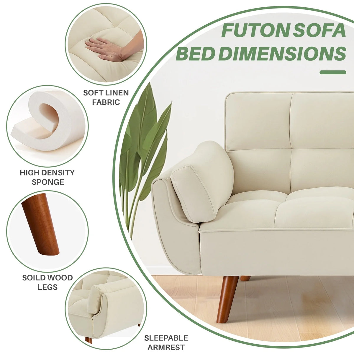 MILEMONT 75.39" Futon Sofa Bed, Convertible Folding Futon Couch Recliner Lounge For Living Room With 2 Pillow/Armrest Beige