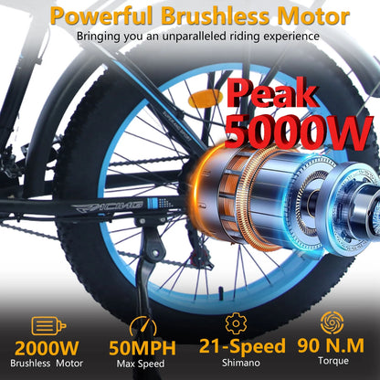 60V 25AH Battery Electric Bike for Adults,5000W Peak Dual Motor Ebike,AWD 21-Speed 50MPH Mountain Snow E-Bike with 26" x 4.0 Fat Tire, Long Range Mountain Dirt Bike for Off-Road Snow Sand