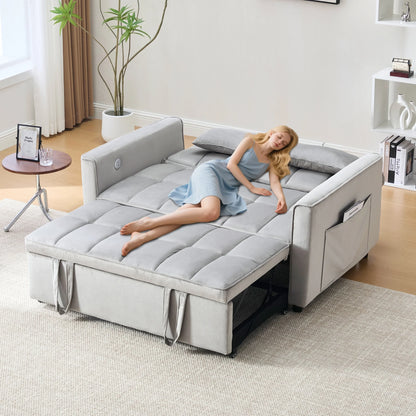 Velvet 3-in-1 Convertible Sofa Bed �C USB Charging, Adjustable Backrest Pull-Out Couch Loveseat Sleeper for Living Room, Apartment & Small Space,Black