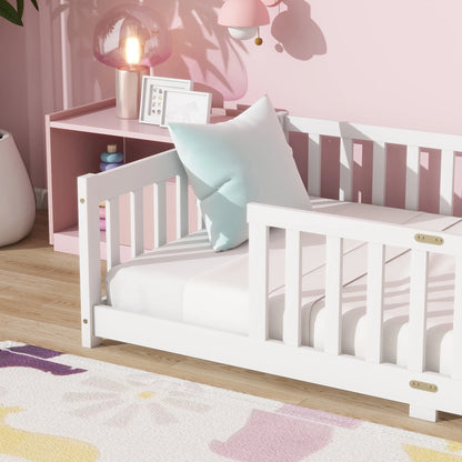 Miniyam Wooden Twin Size Floor Bed with Safety Fence for Kids, Natural