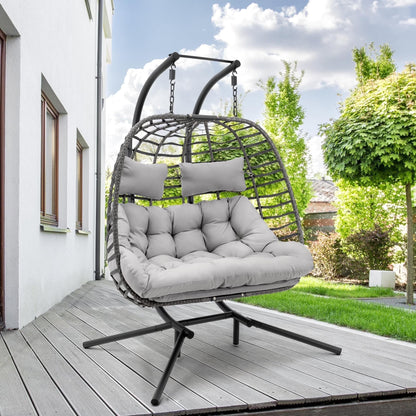 Brafab 2 Person Swing Egg Chair with Sturdy Stand and Fluffy Cushion, Large Double Hand-Woven Wicker Rattan Hanging Egg Chairs, Porch Swing Loveseat 500LBS Capacity for Indoor Outdoor, Light Grey