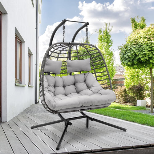 Brafab 2 Person Swing Egg Chair with Sturdy Stand and Fluffy Cushion, Large Double Hand-Woven Wicker Rattan Hanging Egg Chairs, Porch Swing Loveseat 500LBS Capacity for Indoor Outdoor, Light Grey