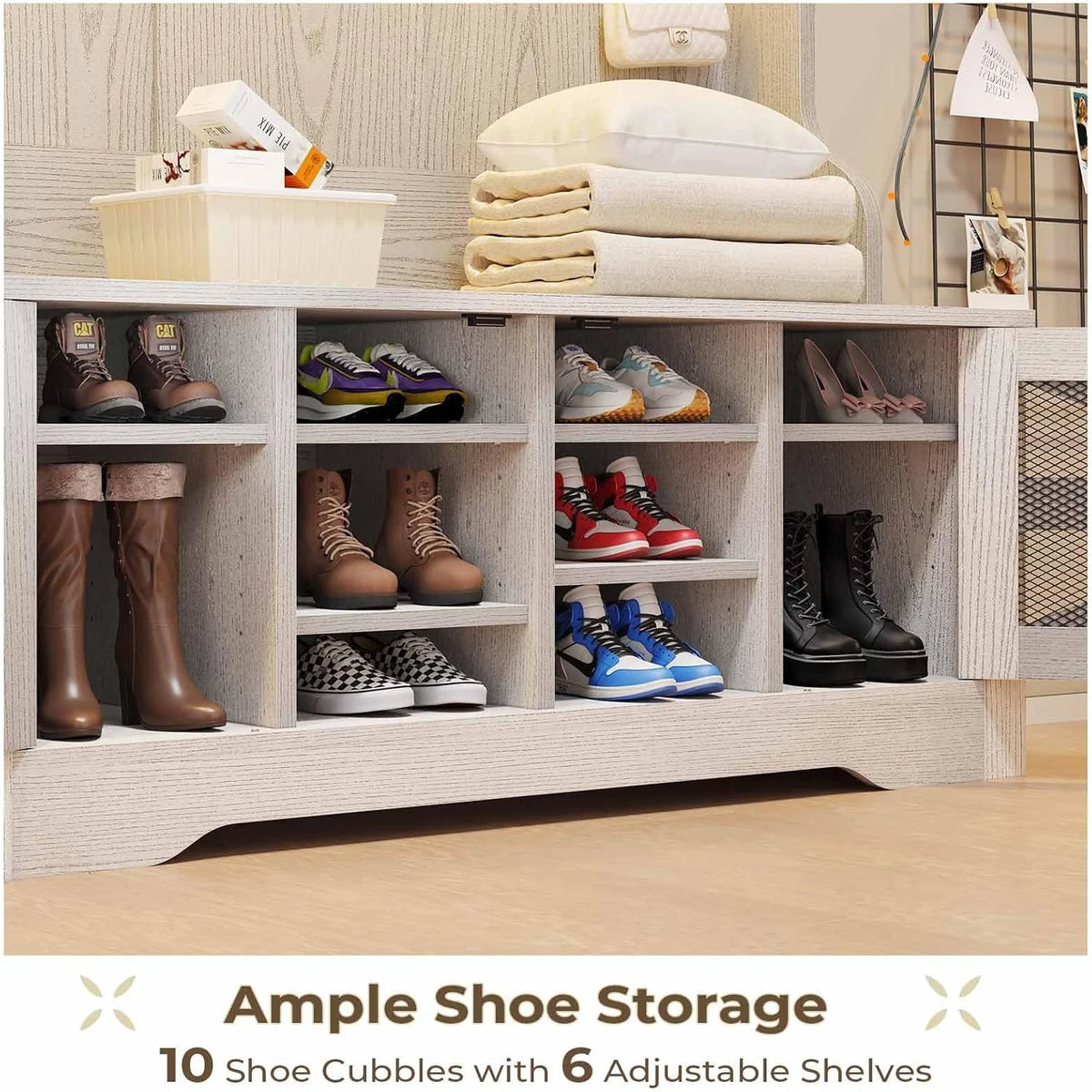 Hall Tree with Bench and Shoe Storage, 5-in-1 Entryway Bench with Coat Rack, 10 Shoe Cubbies & 9 Coat Hooks, Barn Door & Adjustable Shelf, Rustic Brown