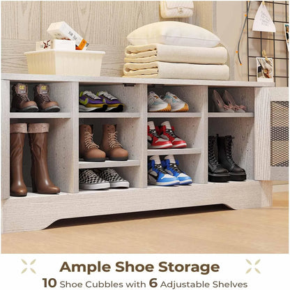 Hall Tree with Bench and Shoe Storage, 5-in-1 Entryway Bench with Coat Rack, 10 Shoe Cubbies & 9 Coat Hooks, Barn Door & Adjustable Shelf, Rustic Brown