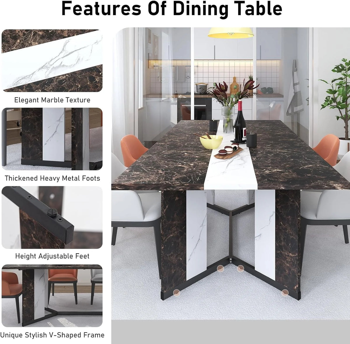 71 inch Large Rectangular Dining Table for 6-8 People, Dining Table with Marble-Color Wood Waterproof Tabletop and Adjustable Leg, 6ft Luxurious Family Dinner Table for Office Kitchen Living Room