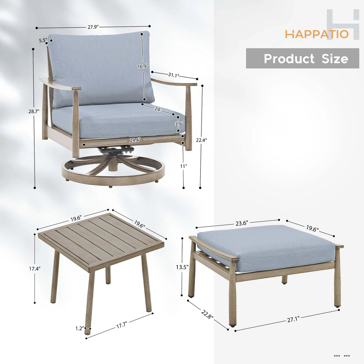 HAPPATIO Aluminum Outdoor Furniture Set - 5 Pieces Patio Furniture Set Includes 1 Side Table, 2 Swivel Chairs and 2 Ottomans with Thick Cushion, Patio Conversation Set for Backyard Poolside (Grey)