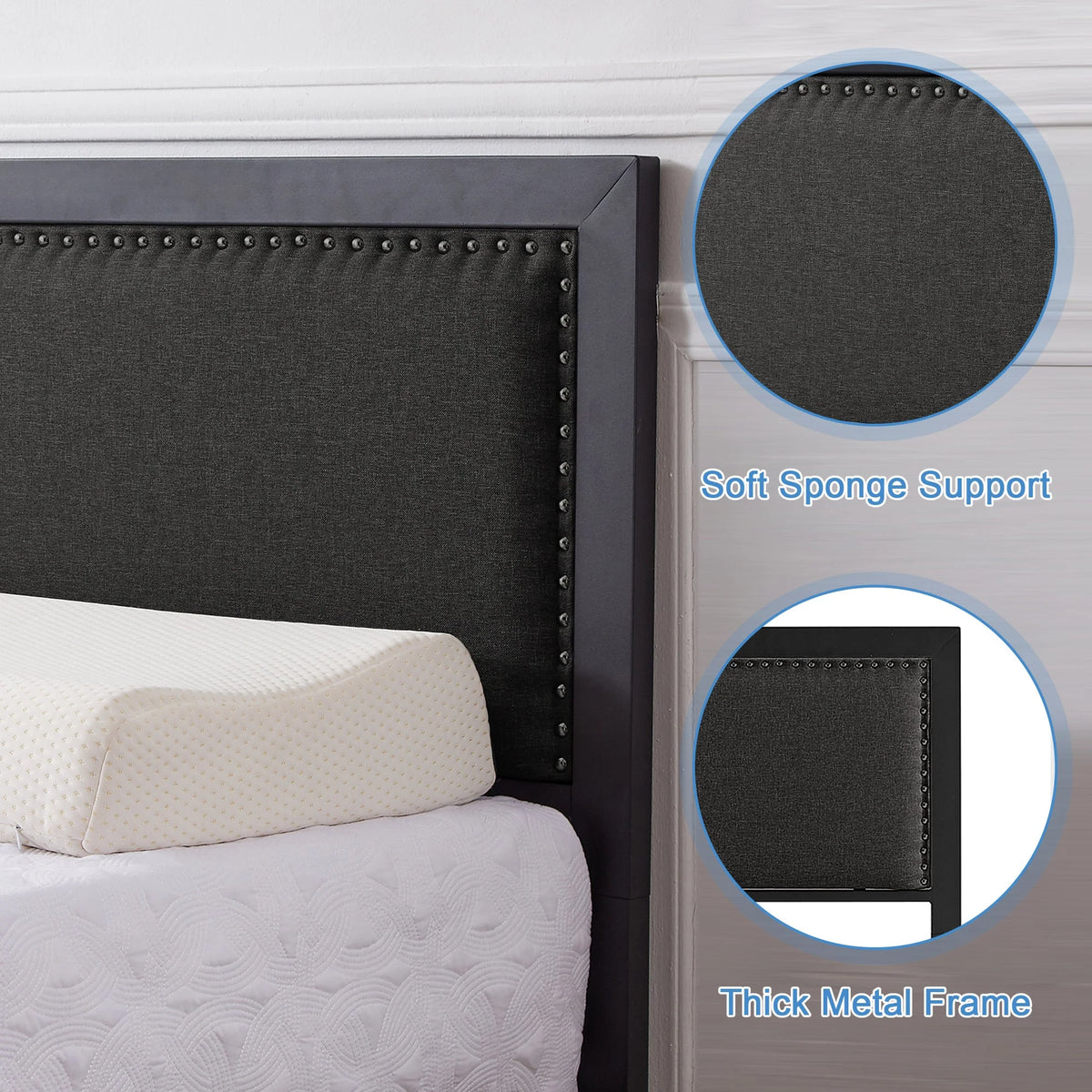 VECELO Queen Size Bed Frame Metal Platform Bed with Upholstered Headboard, No Box Spring Needed, Black