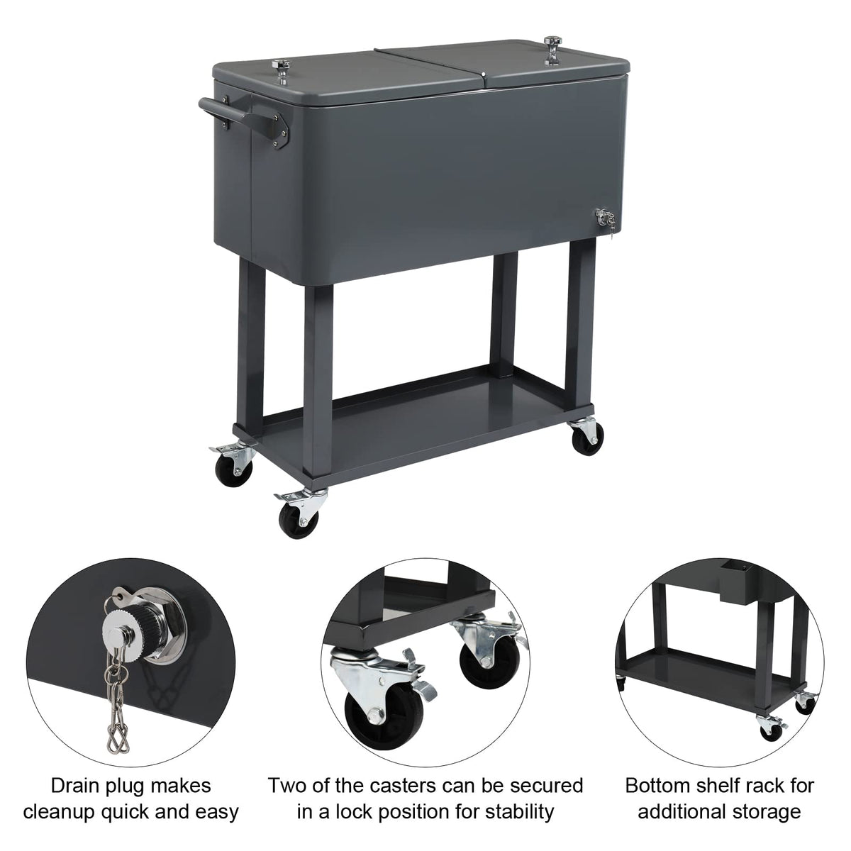 BNSPLY 80 Quart Outdoor Cooler Cart Rolling Ice Chest Cooler Cart, Portable Patio Cooler with Bottle Opener, Handles and Drainage, Standing Cooler for Patio Party, Camping and BBQ, Mint Green