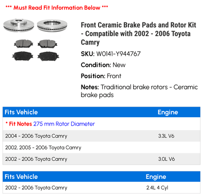 Front Ceramic Brake Pads and Rotor Kit - Compatible with 2002 - 2006 Toyota Camry 2003 2004 2005