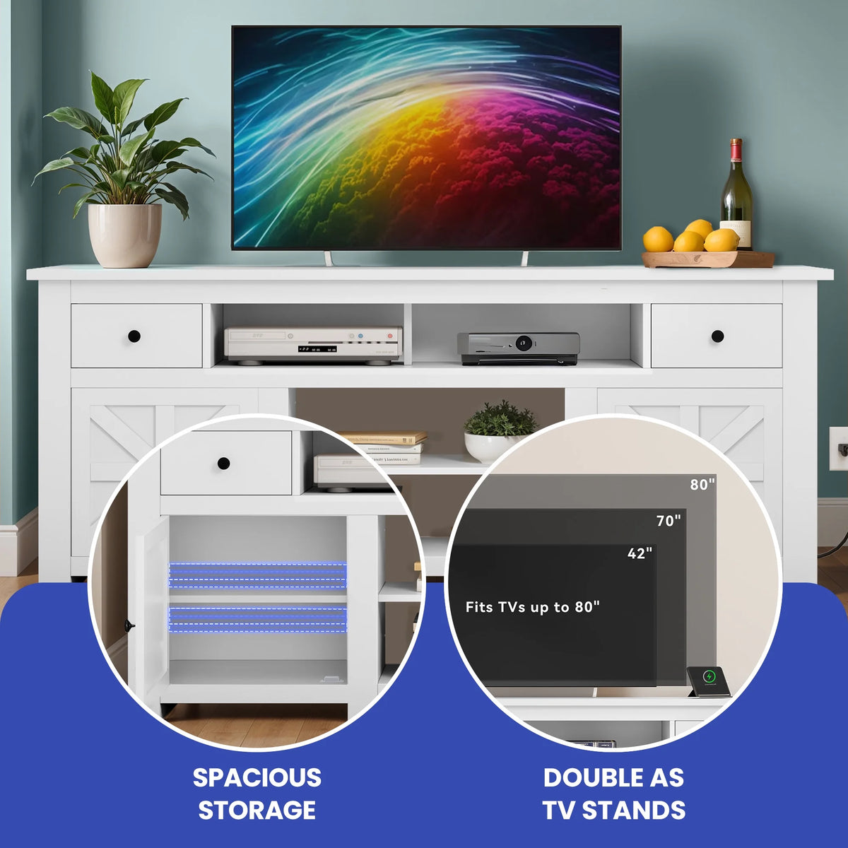 Dextrus Country-style Media Console, TV Cabinet with Built-in Power Socket for Screens up to 80'', Television Stand with Adjustable Divider & Drawer Storage, Vintage TV Unit for Lounge, White