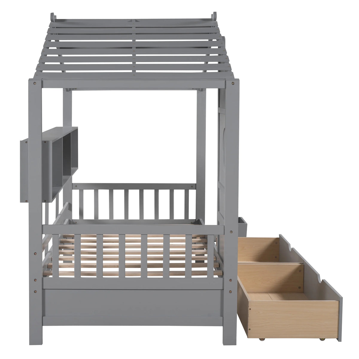 Bellemave House Bed with 2 Drawers and Storage Shelves, Wood Full Size Montessori Bed Frame with Roof and Window, Playhouse Bed for Bedroom (White)