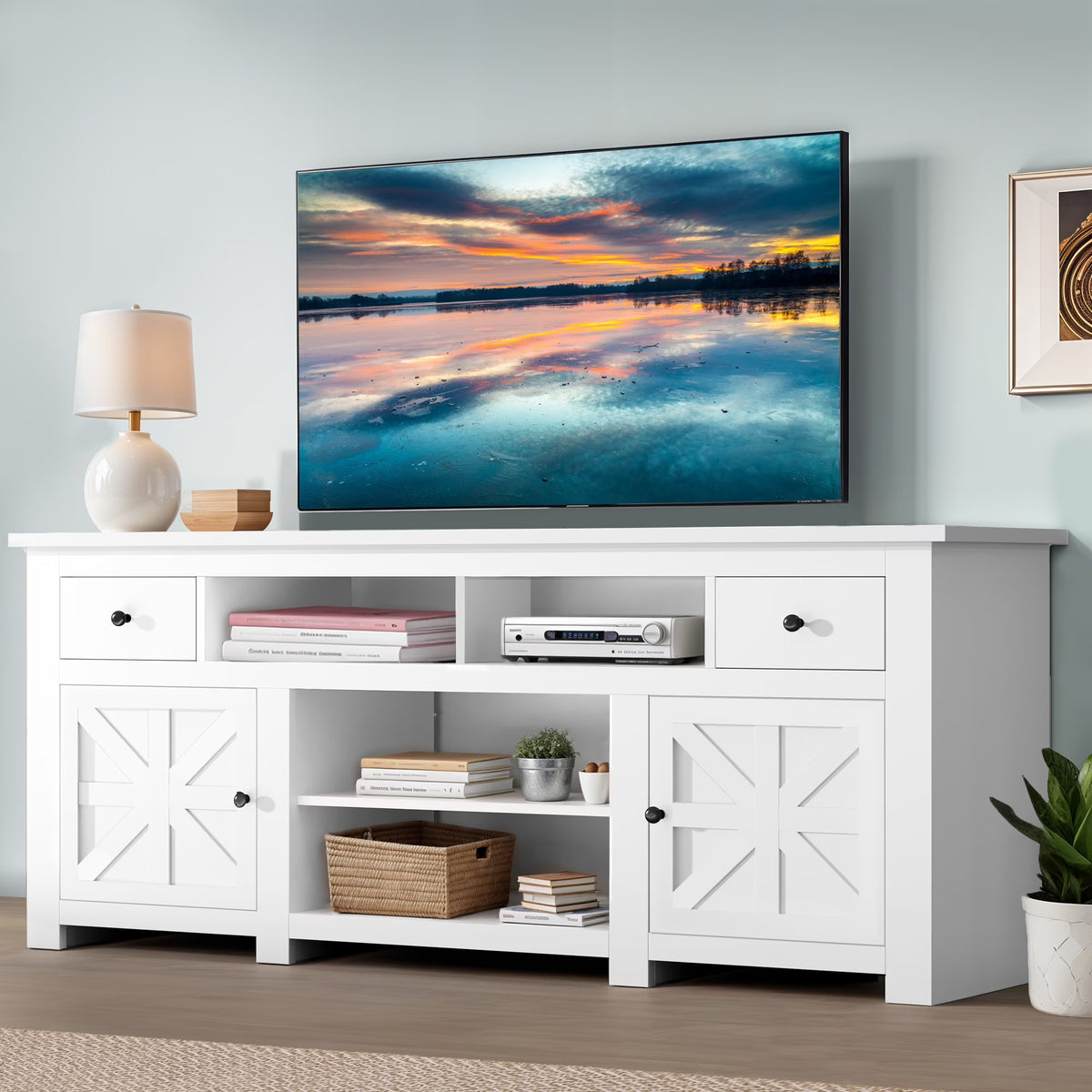 Dextrus Country-style Media Console, TV Cabinet with Built-in Power Socket for Screens up to 80'', Television Stand with Adjustable Divider & Drawer Storage, Vintage TV Unit for Lounge, White