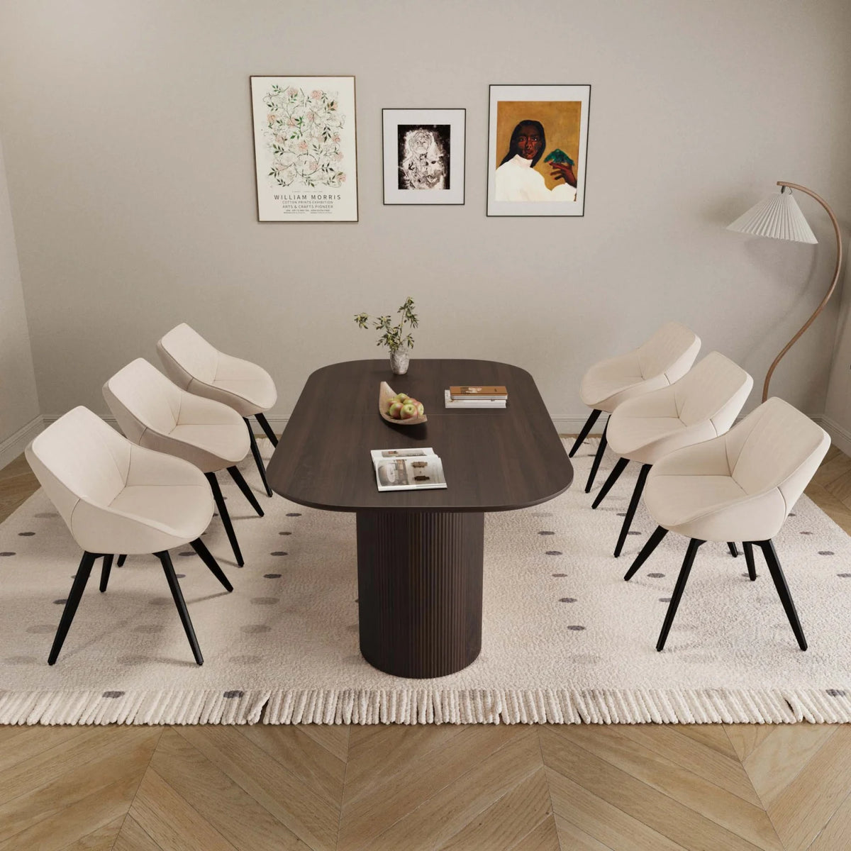 63" Oval Dining Table Set for 6, Wooden Dining Roon Table and 6 PU Swivel Armchairs, Modern Dining Set with High Backrest and Waterproof Tabletop for Living Room,  Beige+Brown