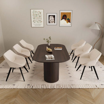 63" Oval Dining Table Set for 6, Wooden Dining Roon Table and 6 PU Swivel Armchairs, Modern Dining Set with High Backrest and Waterproof Tabletop for Living Room,  Beige+Brown