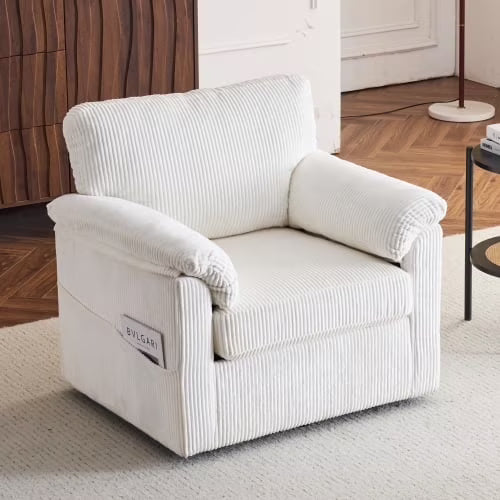 FFH 33" Oversized Swivel Accent Chair,Armchair with Side Pocket,Upholstered Corduroy Lounge Chaise Chair,Barrel Chairs,Comfy Single Sofa Chair for Living Room Reading Bedroom Office,Black