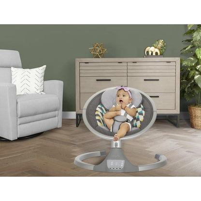 Dream On Me Zazu Baby Swing. Baby Swing for Infant. 5 - Swinging Speed. Two Attached Toys. Bluetooth Enabled and Remote Control. Grey and Blue