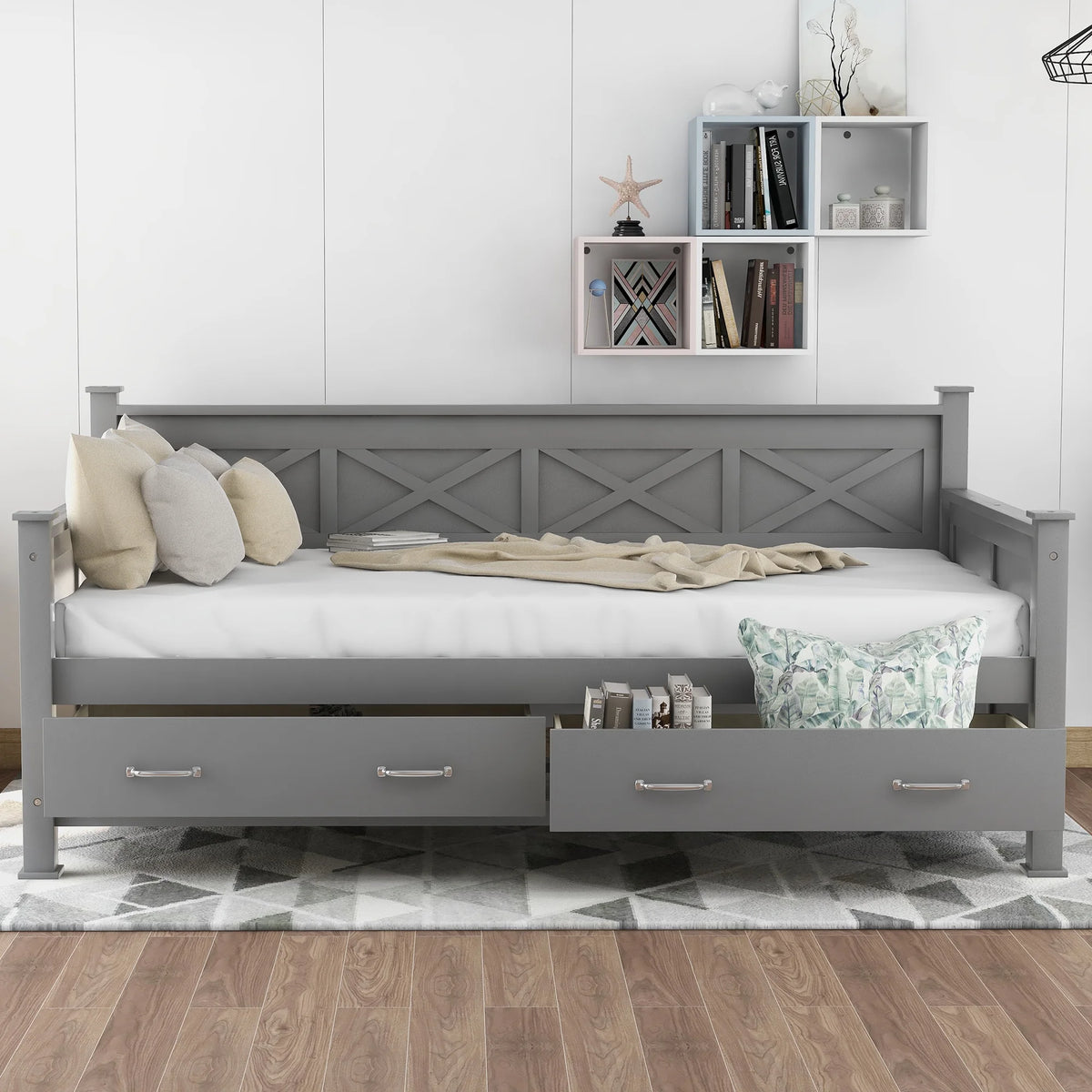 Euroco Twin Size Dayed with 2 Storage Drawers for Bedroom Low Profile Platform Bed, White