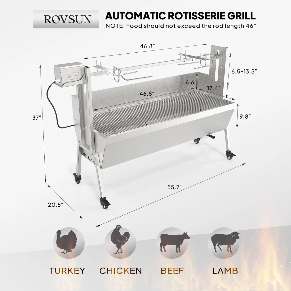 RovSun 46 Electric Rotisserie Grill 176 lbs Capacity 25w Pig Lamb Spit Roaster Rotisserie w/Lockable Wheels Wind Baffle with Adjustable Height