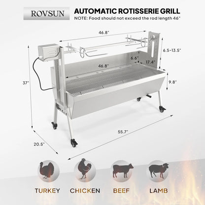 RovSun 46 Electric Rotisserie Grill 176 lbs Capacity 25w Pig Lamb Spit Roaster Rotisserie w/Lockable Wheels Wind Baffle with Adjustable Height