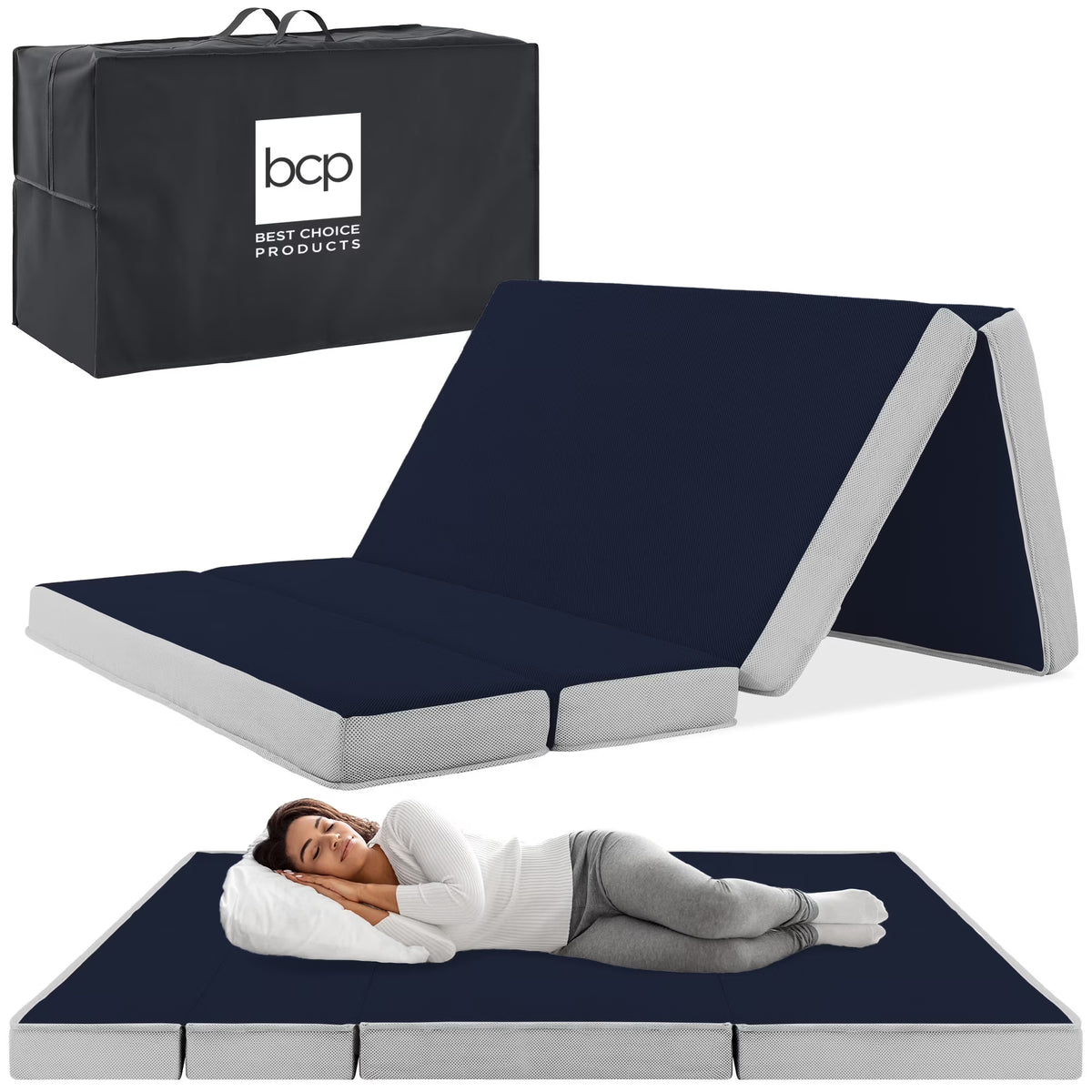 Best Choice Products 4in Thick Folding Portable Twin Tri-Fold Mattress w/ Carry Case, Washable Cover - Midnight Blue