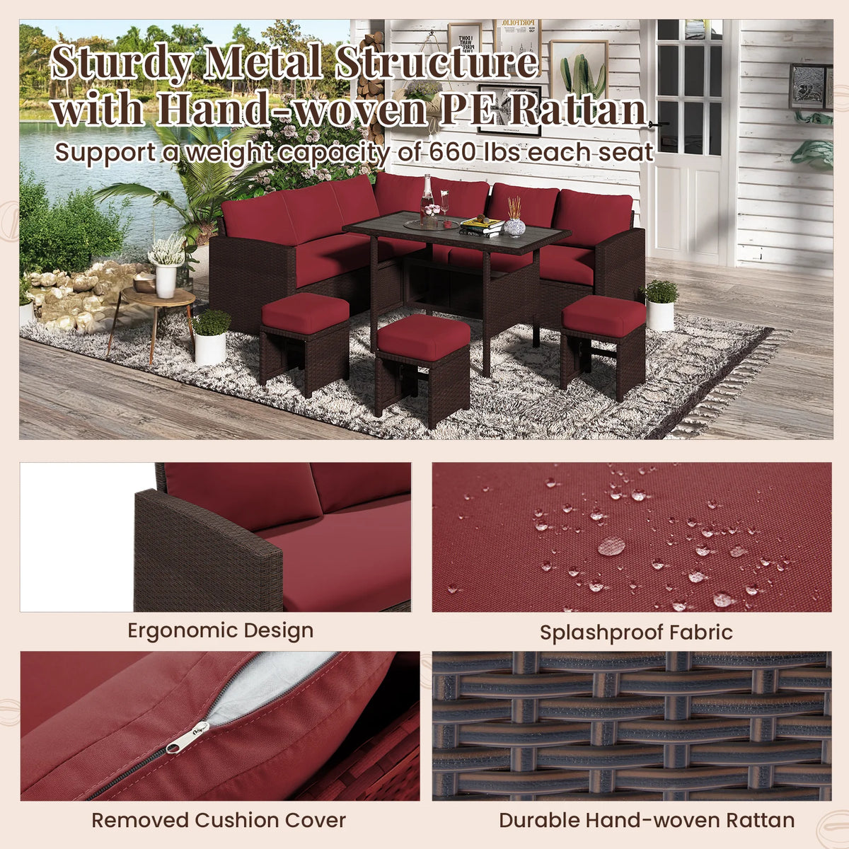 AECOJOY 7 Piece Patio Furniture Set PE Rattan Outdoor Dining Set Sectional Sofa Couch with Table Patio Conversation Set in Gray