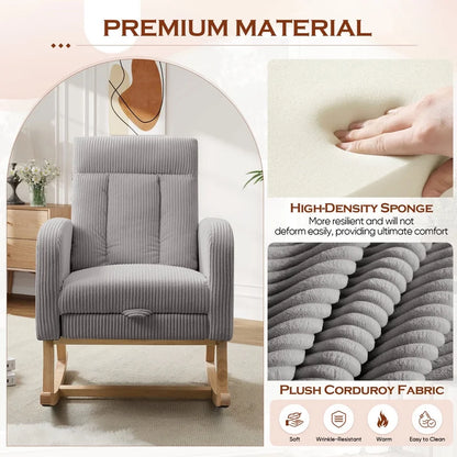 FFH Rocking Chair Nursery, Tufted Accent Rocker Chair, Upholstered Armchair with Adjustable Footrest, Side Pocket, High Backrest, Padded Seat, Polyester Blend (Retro, Dark Gray)