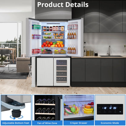 Tookss 21 Cu.Ft French Door Refrigerator, Counter Depth Stainless Steel Refrigerators, Multifunctional Fridges with Freezer, Refresh, and Wine Cooler for Kitchen, Bedroom, Office, Dorm