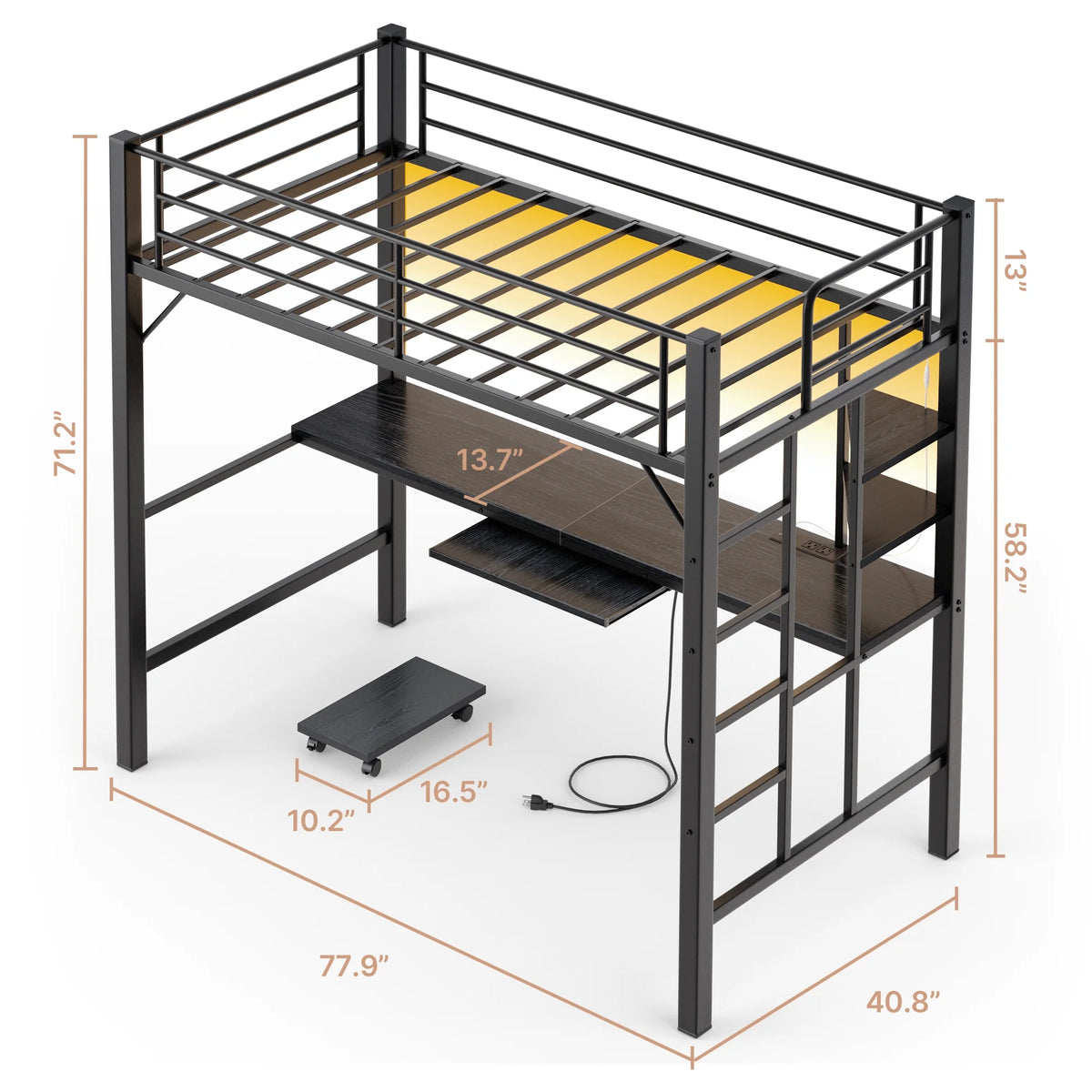 Lofka Twin Loft Bed with L-Shaped Desk, RGB Lights & Charging Station, 400lb Capacity Metal Frame, 3 Shelves & 2 Drawers, Easy Assembly��White