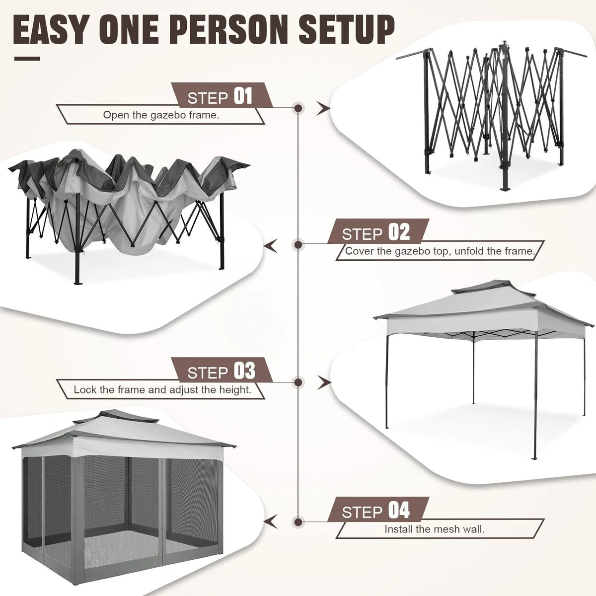 COBIZI 12x12 Outdoor Gazebo Pop Up Gazebo Canopy with Mosquito Netting Patio Tent Backyard Canopy with 2-Tiered Vented Top 3 Adjustable Height, Beige