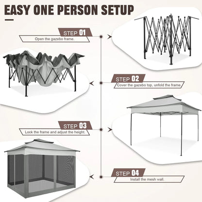 COBIZI 12x12 Outdoor Gazebo Pop Up Gazebo Canopy with Mosquito Netting Patio Tent Backyard Canopy with 2-Tiered Vented Top 3 Adjustable Height, Beige
