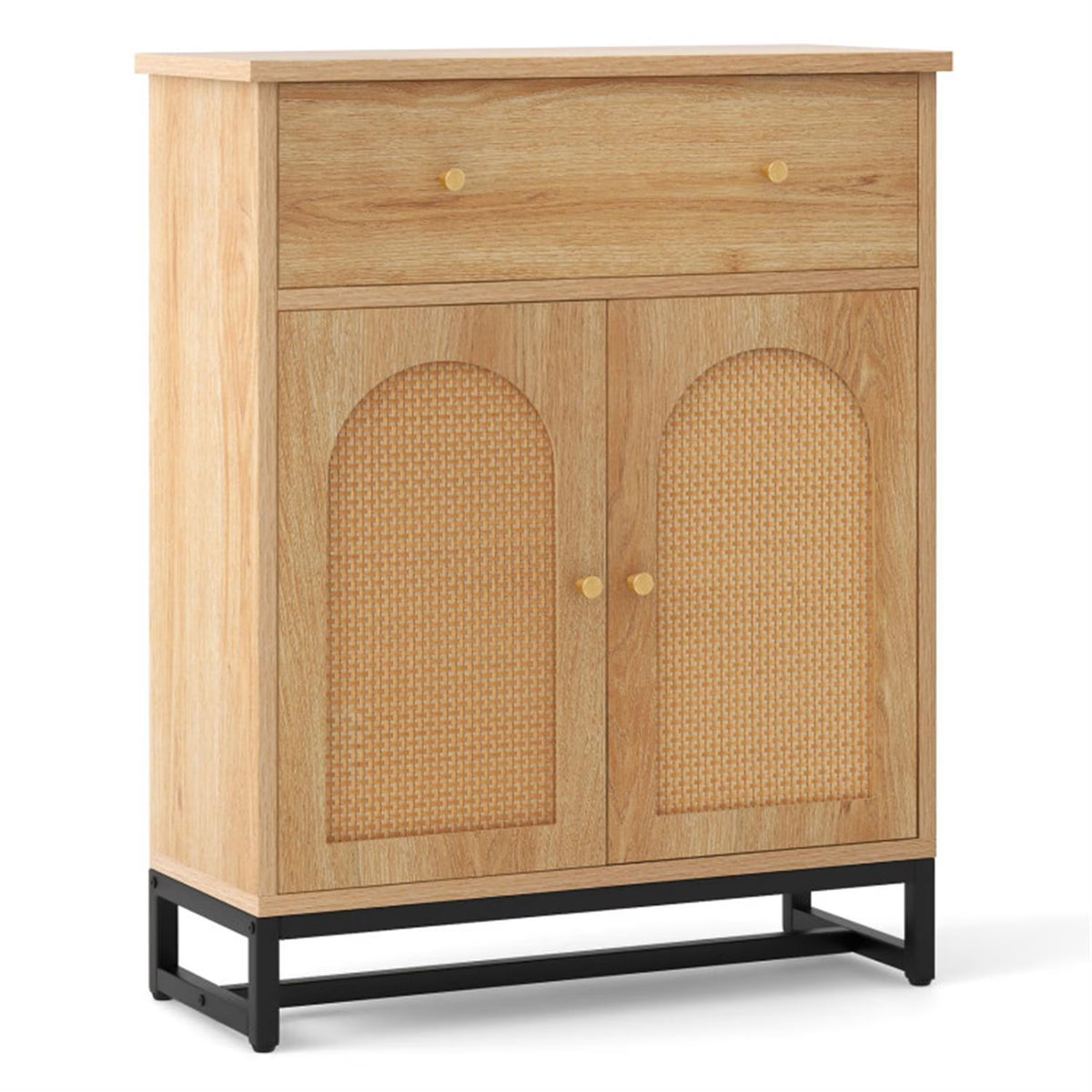 Finihen Accent Floor Storage Cabinet with Rattan Doors, Bathroom Cabinet with Large Drawer, Freestanding Storage Cabinet Organizer, Beige