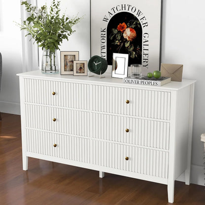 Heynemo Beige 6 Drawer Dresser, Fluted Modern Wood Chest