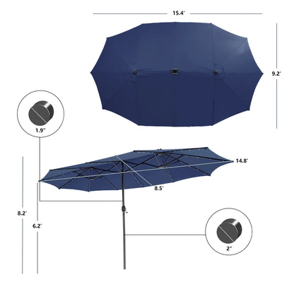 Costway 15FT Twin Patio Double-Sided Umbrella 48 Solar LED Lights Crank Outdoor Beige