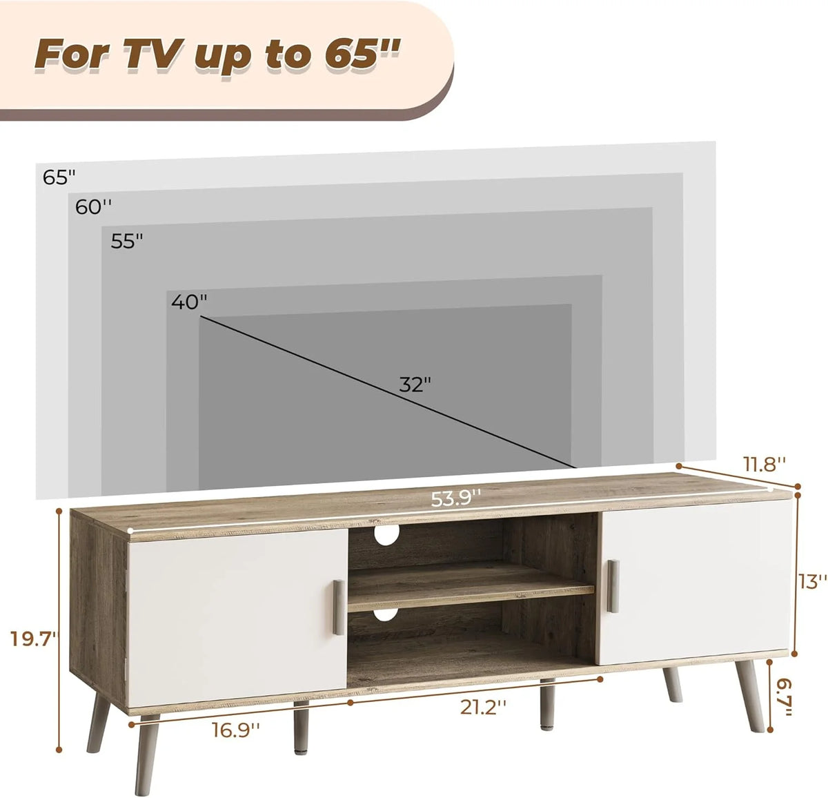 LL TV Stand for 55 Inch TV, Entertainment Center with Adjustable Shelf, 2 Cabinets, TV Console Table, Media Console, Solid Wood Feet, Cord Holes, for Living Room, Bedroom, White